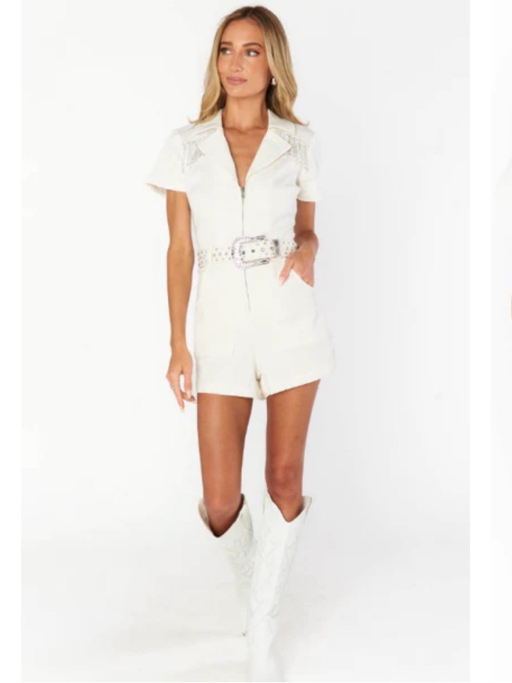 Show Me Your MuMu Cream Short Sleeve Jean Romper